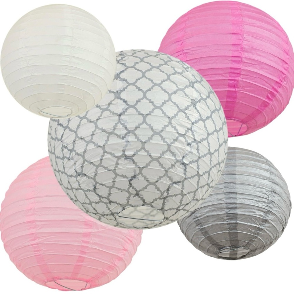 NWT Bobee Paper Lanterns, pink and grey set, 5-pack